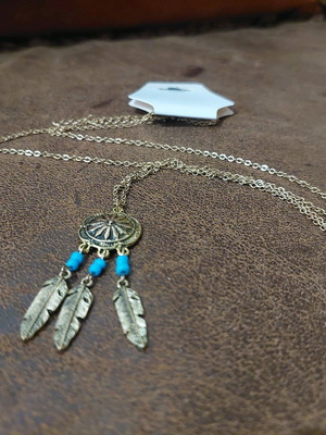Gold long dreamcatcher necklace new with blue beads