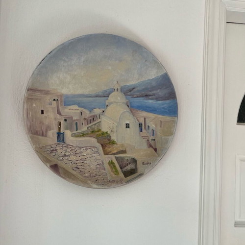 Decorative wall plate handmade like new with Santorini landscape