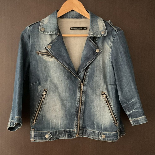 Zara Jean Jacket Woman Medium Like New Blue 3/4 Sleeve