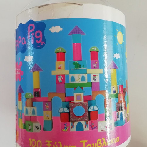 Wooden blocks toy used, 99 pieces in barrel