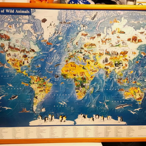 The World of Wild Animals Educational Poster like new, wooden frame