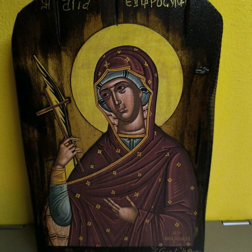 Icon of Saint Euphrosyne aged on pine wood with tassels