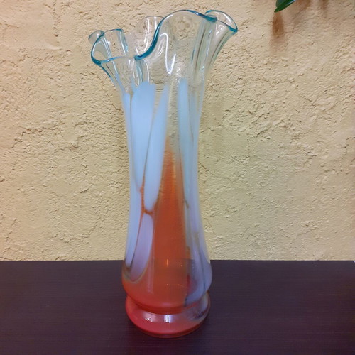 Glass vase used, vintage artistic blown glass with white and orange colors