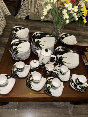 Vintage Sango Quadrille Black Lillies dinner set, 66 pieces