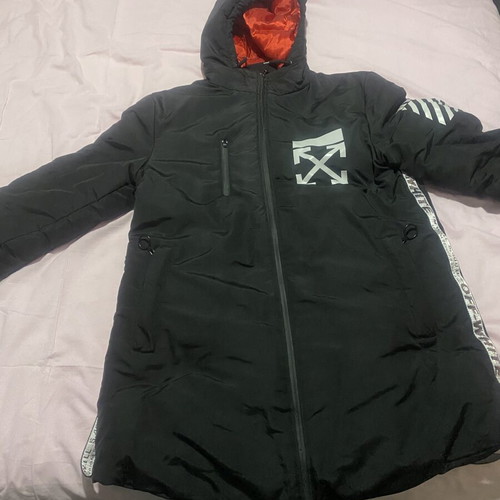 Off White black puffer jacket with hood and red lining, size L