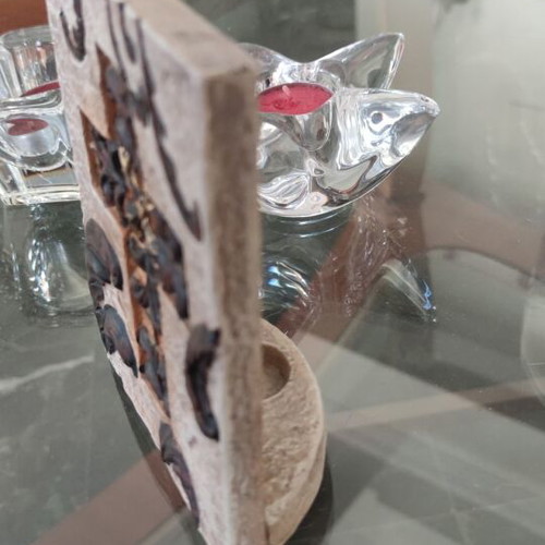 Decorative table candle holder with embossed cross, like new