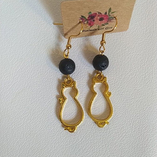 Handmade earrings with lava stones and cat design, new