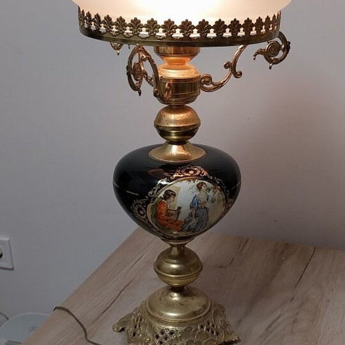 Vintage aluminum table lamps with handpainted designs, set of 2