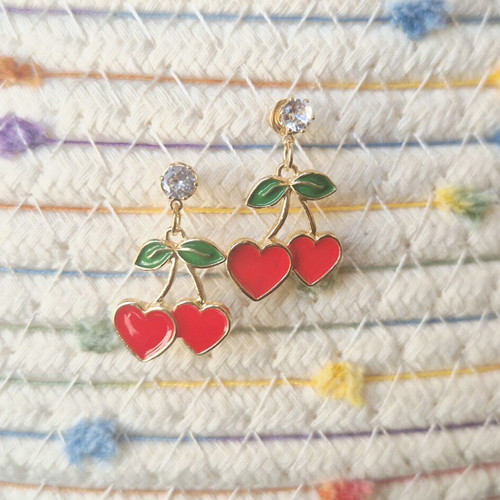 Cherry Love Earrings new, red and gold with heart-shaped cherries and rhinestones
