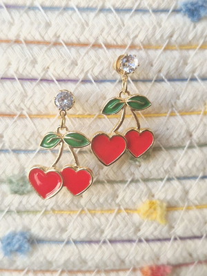 Cherry Love Earrings new, red and gold with heart-shaped cherries and rhinestones