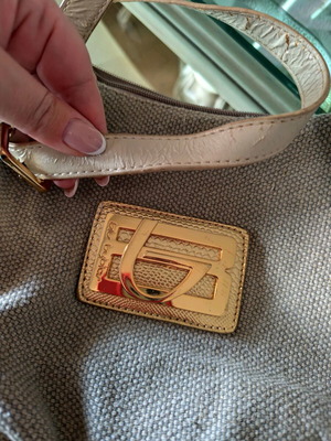 Byblos crossbody bag used, patent leather and straw, gray and beige