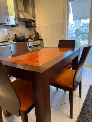 Extendable dining table set with 4 chairs used, handmade wood and glass