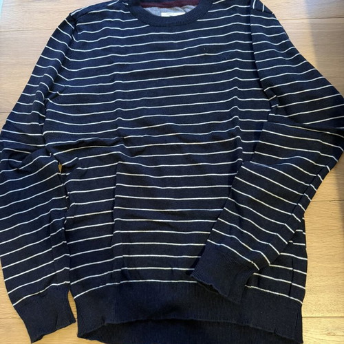 Gnious men's sweater like new, size Large, striped blue and white, 100% cotton