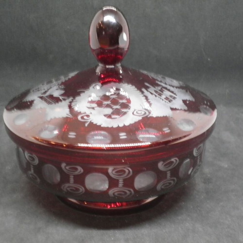Bohemian antique prewar ruby Egermann fondant dish used