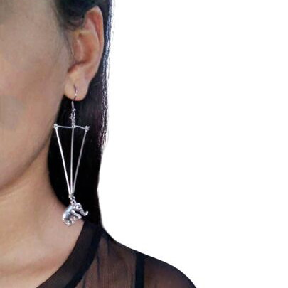Handmade Long Geometric Triangle Earrings with Elephant Charm Steel New Silver