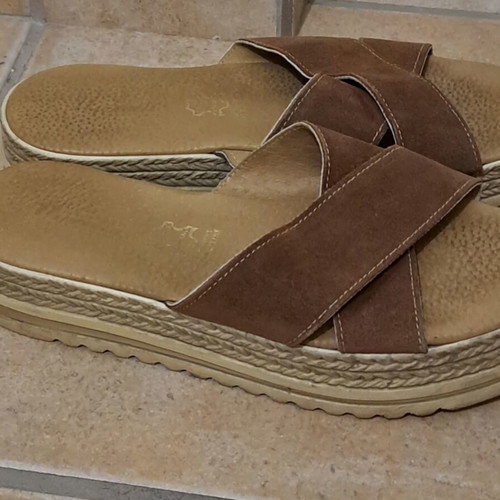 Leather flatform sandals, size 38, beige and brown