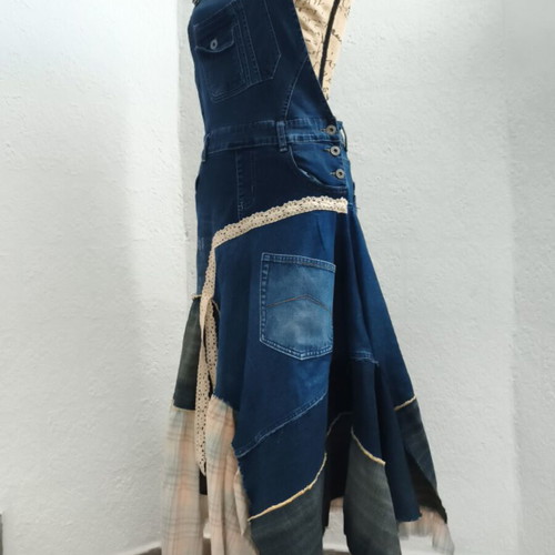 Handmade upcycled Y2K denim salopette dress