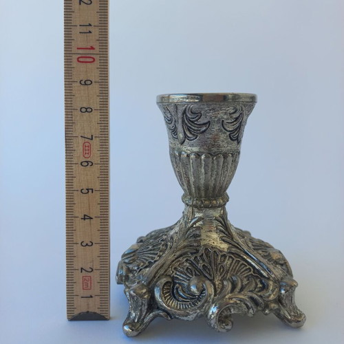 Set of old used small silver-plated candlesticks