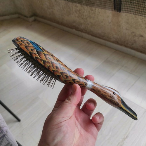 Vintage handmade wooden duck hairbrush used, 25cm, Made in Greece