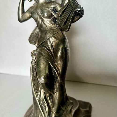 Antique Art Nouveau Metal Candlestick with Female Muse and Lyre used