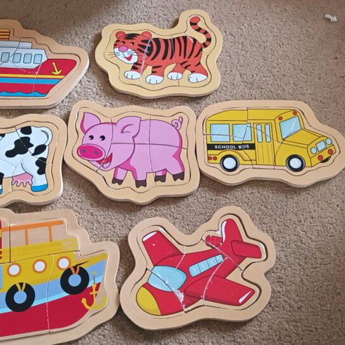 Wooden puzzles used, set of 7 pieces with wear