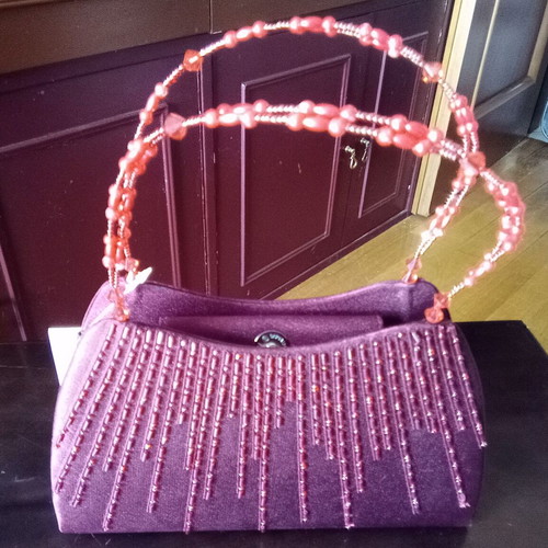 Evening handbag satin velvet new, burgundy with bead decoration