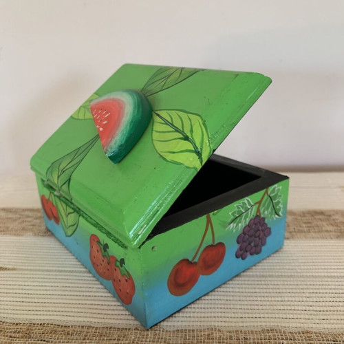 Handmade wooden jewelry box with summer fruit painting, new