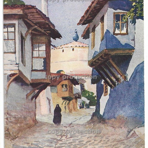 Set of 4 painted Thessaloniki postcards 1910 used