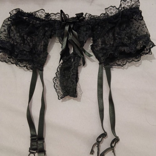 String lingerie with integrated garters and fishnet stockings, new, black