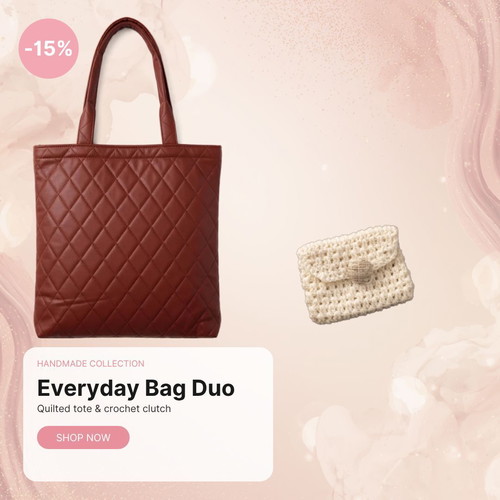 Quilted Shoulder Bag and Mini Crochet Wallet Set new, white and brown