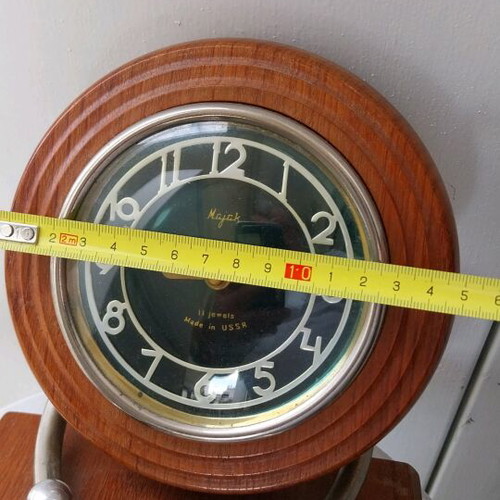 Mayak retro wind-up table clock used, wooden base