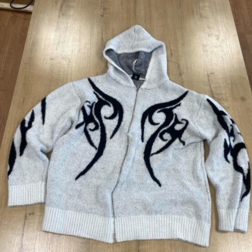 Oversized gray zip-up fleece hoodie with tribal graphics