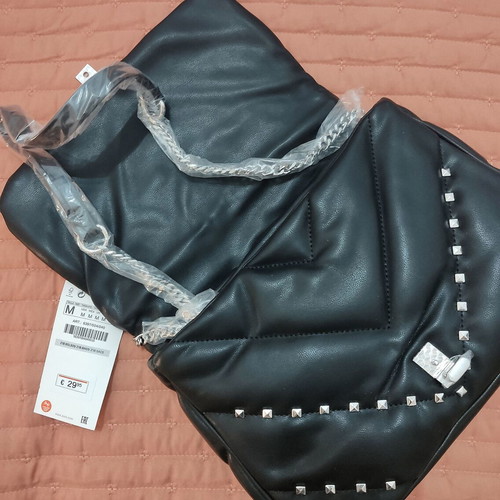 Zara shoulder bag new, black quilted faux leather with silver studs