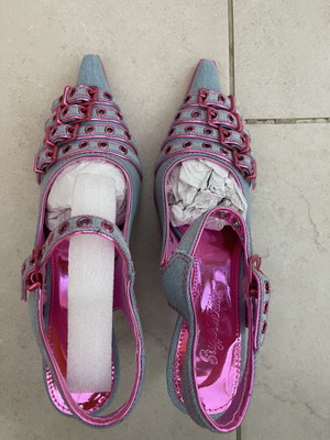 Generation Kiss Denim Point Toe Heels, Size 38, Blue Pink