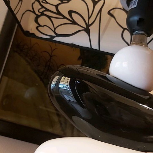 Ceramic table lamp with black fabric parallelogram lampshade like new