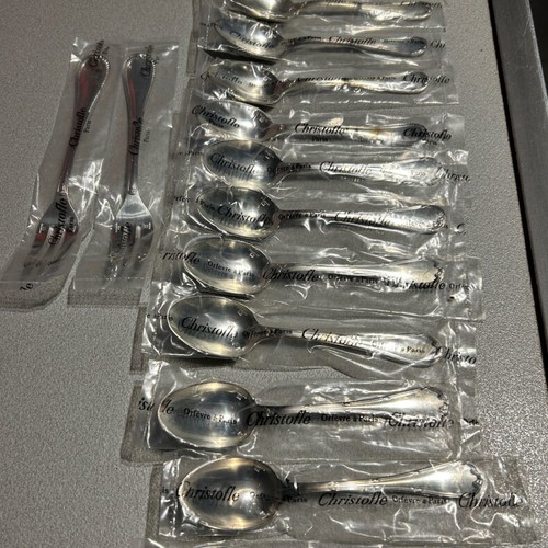 Christofle RUBANS silver plated dessert spoons new, set of 12 with 2 small forks