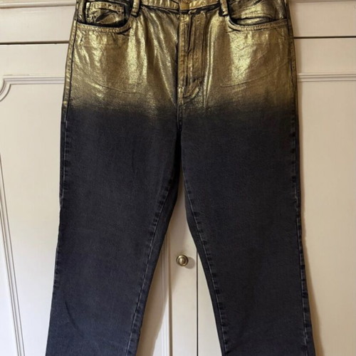 Zara high-waisted Z1975 jeans straight foil line like new, two-tone black and gold