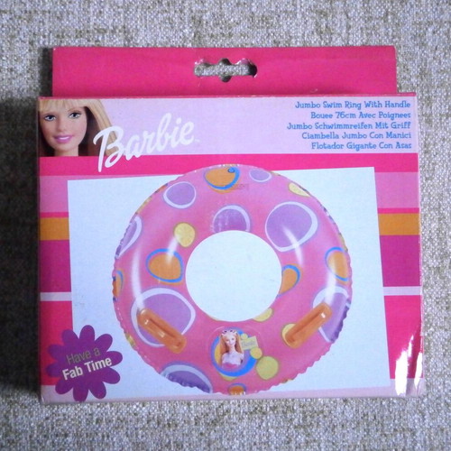 Barbie set of 4 inflatable boat, life buoy, swimming goggles, rackets new with box