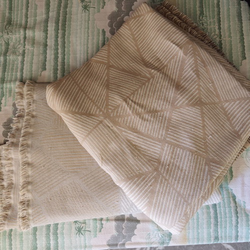 Two sofa throws used, double-sided cotton 80%, beige and light blue