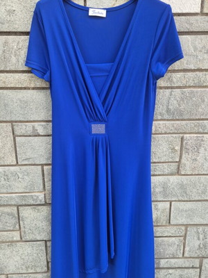 Blue electric dress, V-neck with rhinestone buckle