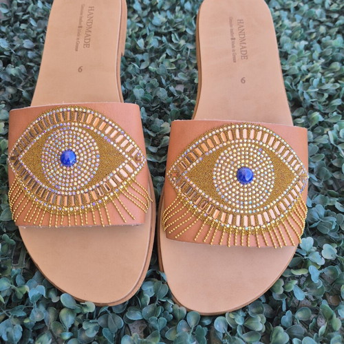 Handmade Evil Eye Sandals new, brown and gold platform