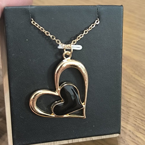 Necklace with Double Heart pendant, gold color with black heart