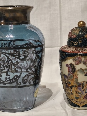 Decorative vase set new, glass and porcelain with bronze finish