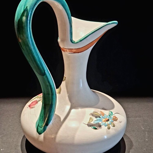 Vintage Italian Pottery Pitcher hand painted with floral relief
