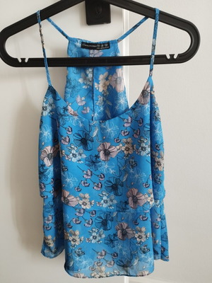 Floral Blue Top with Back Opening, New, Size M