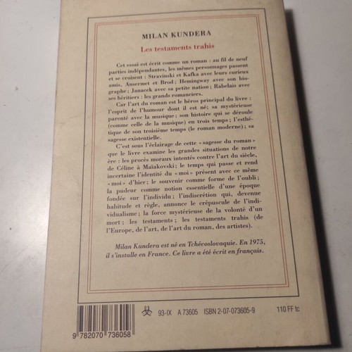 Les testaments trahis by Milan Kundera like new, French book