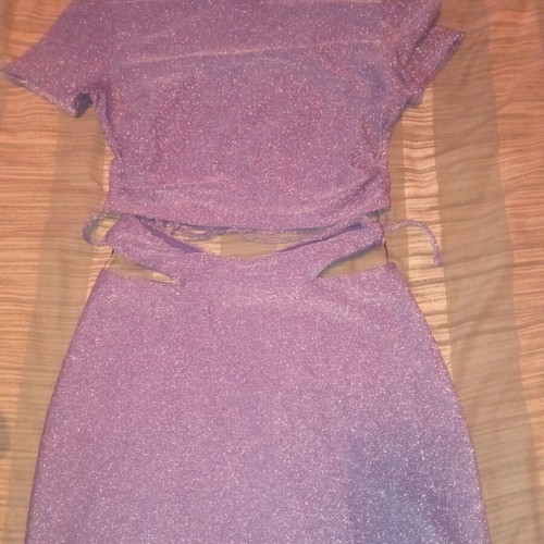 Purple women's set like new with shiny fabric and back tie top