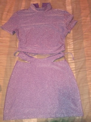 Purple women's set like new with shiny fabric and back tie top