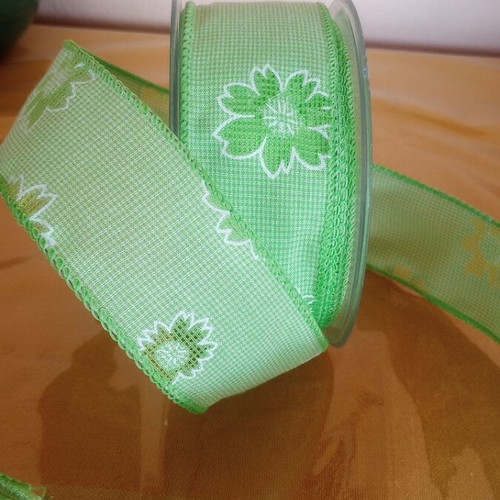 Fabric ribbon with wire 10 m green with daisies new