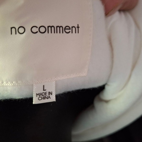 No Comment cropped white college hoodie with zipper and bear print, size M